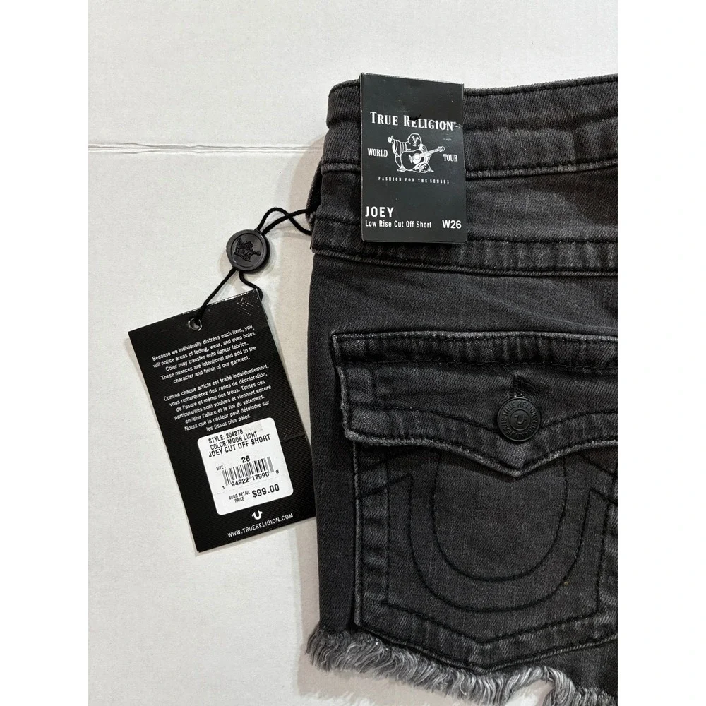True Religion Joey Low Rise Cut Off Denim Shorts Moon Light Distressed Black 26